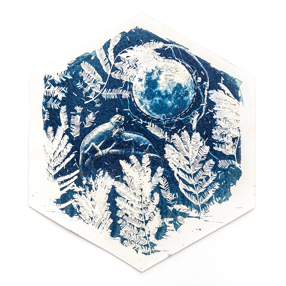 Hexagonal mixed-media print combining cyanotype sunprint with watercolour, ink and thread depicting nocturnal "Midnight Garden" scene of two chameleons under the moon by artist Natalie Field