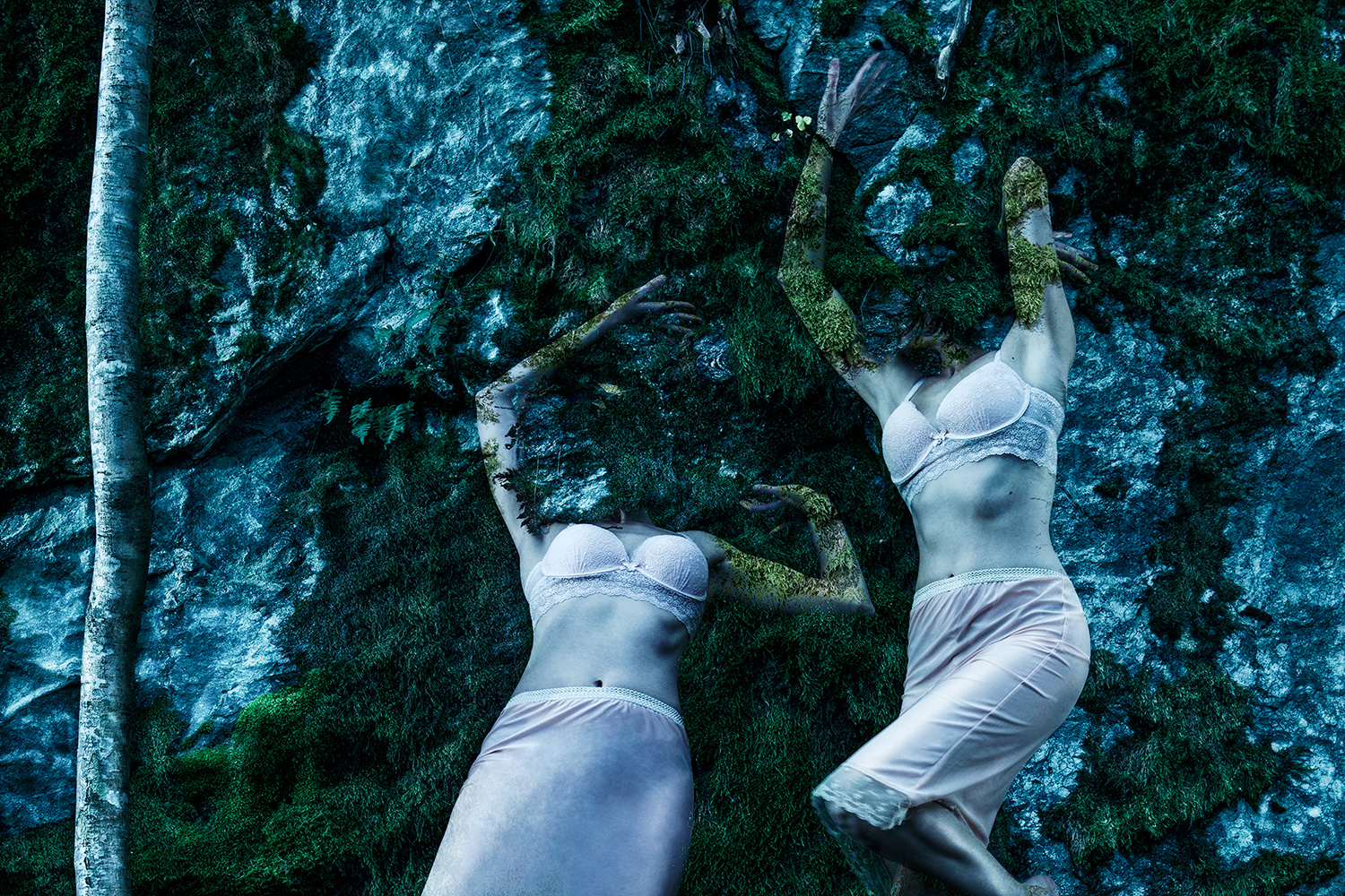 Conceptual Fine Art Photography of dancer in woods with body blending with rock face by Johannesburg photographer Natalie Field