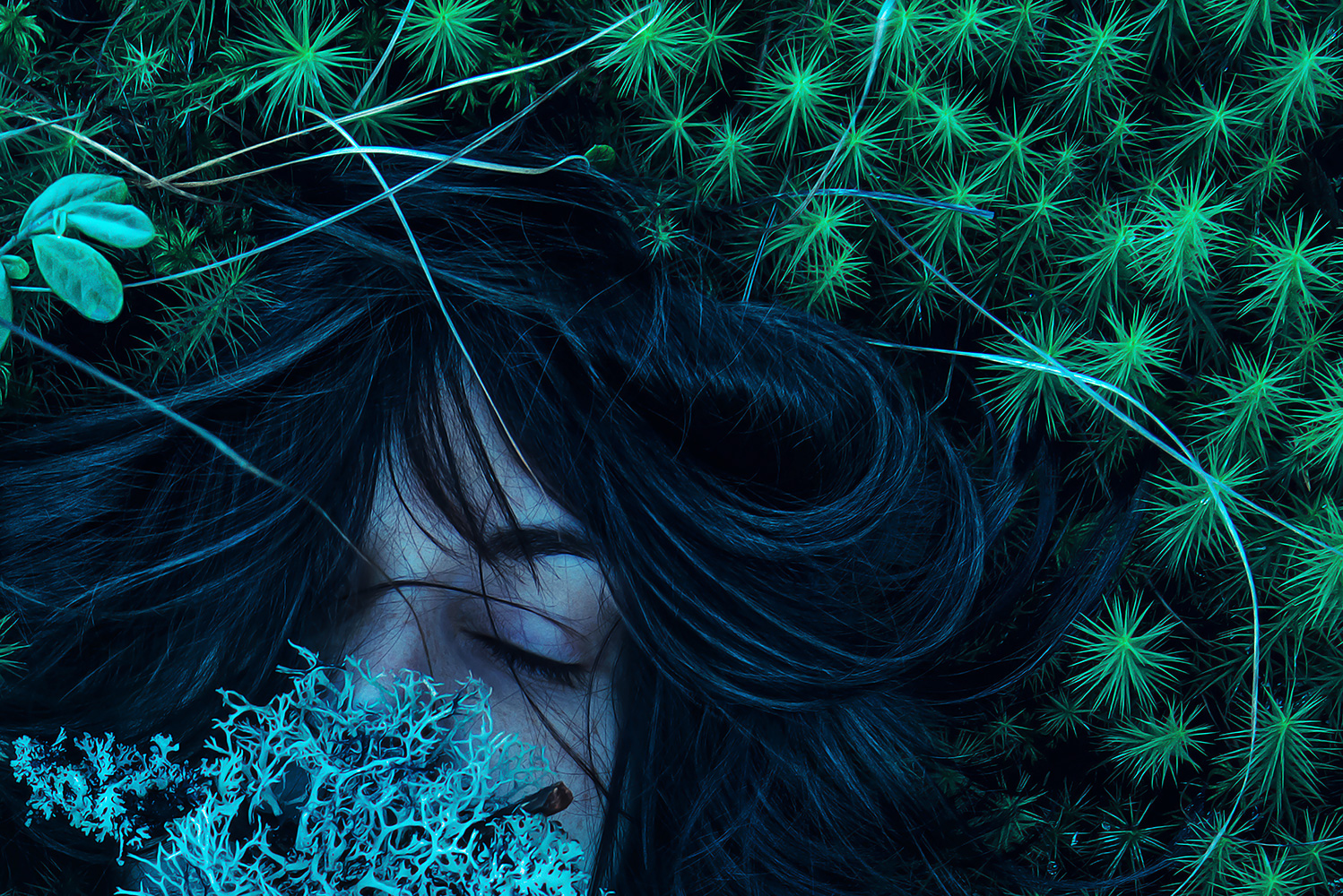 Conceptual fine art photography cinematic tableaux silent awareness of human head lying in a mossy grove with lichen sprouting from the mouth by Johannesburg photographer Natalie Field