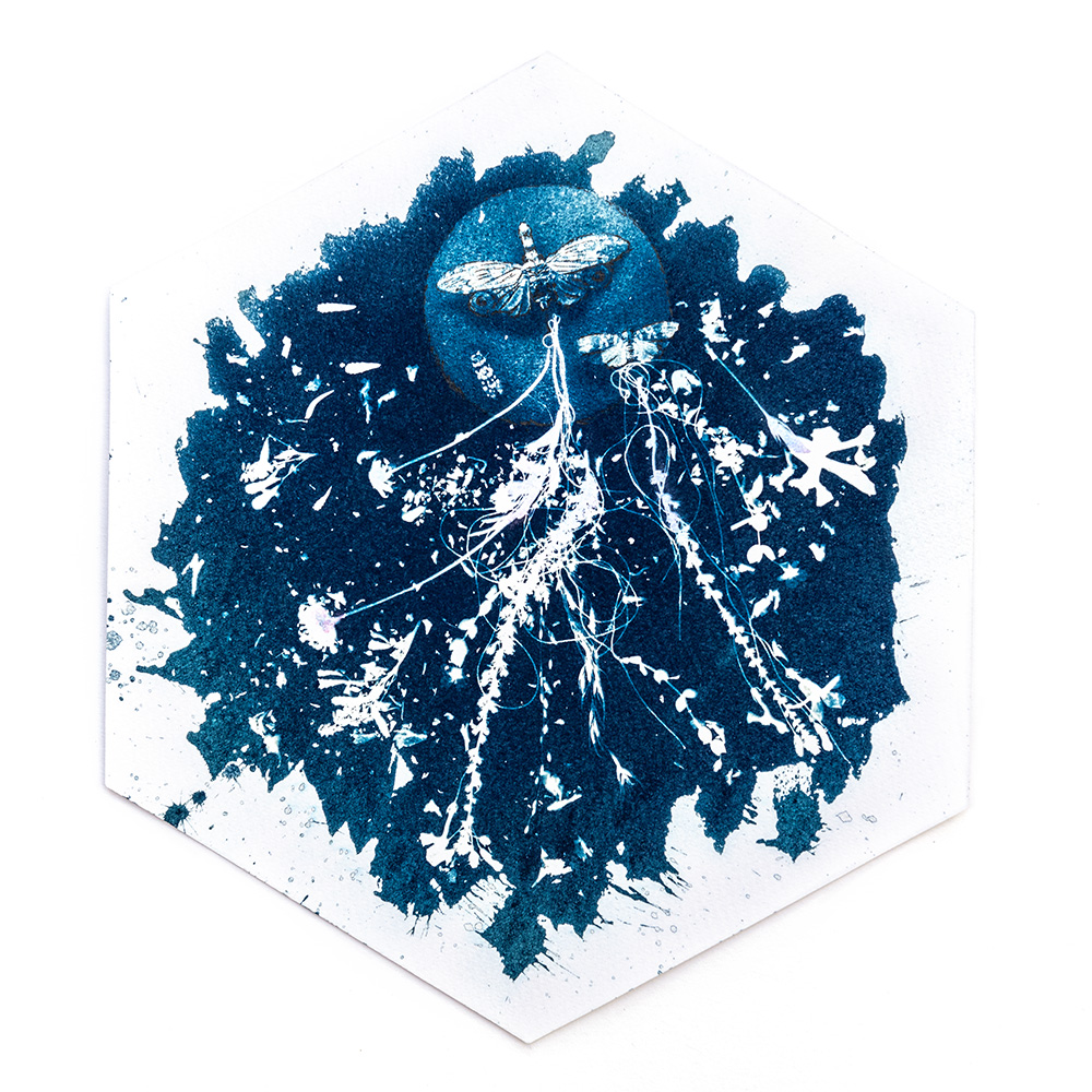 Hexagonal mixed-media print combining cyanotype sunprint with watercolour, ink and thread depicting nocturnal "Midnight Garden" scene of lantern fireflies flying in front of the moon with flowers trailing behind them by artist Natalie Field