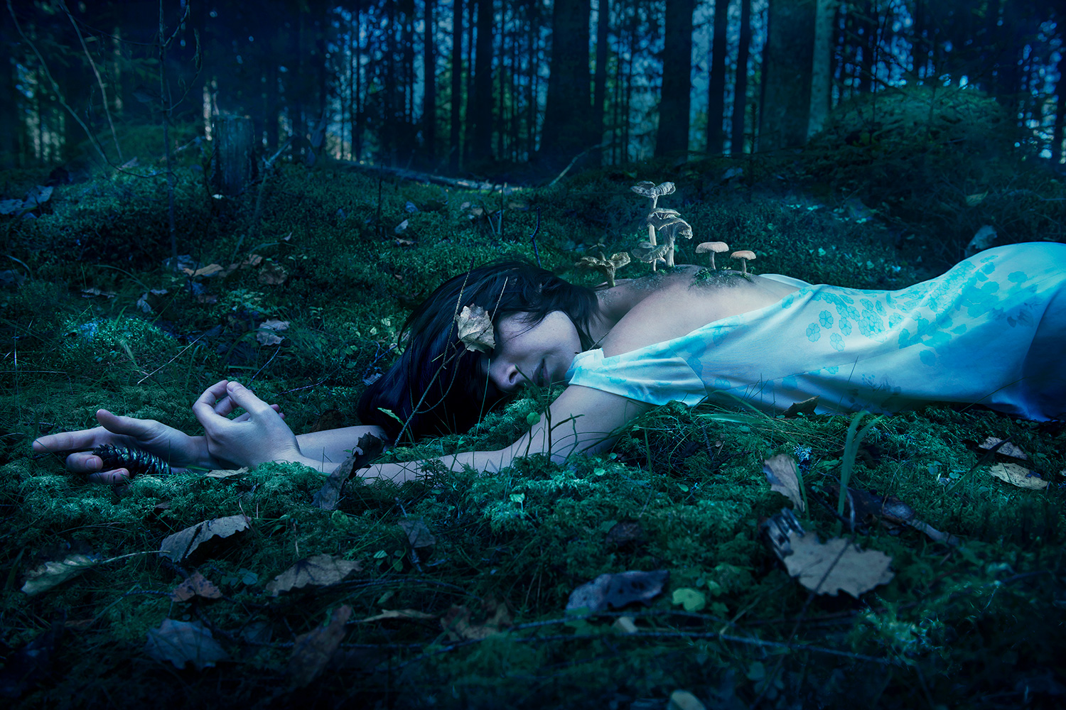 Conceptual fine art photography cinematic tableaux of female figure lying in mossy woods with mushrooms sprouting from her back by Johannesburg new contemporary artist Natalie Field