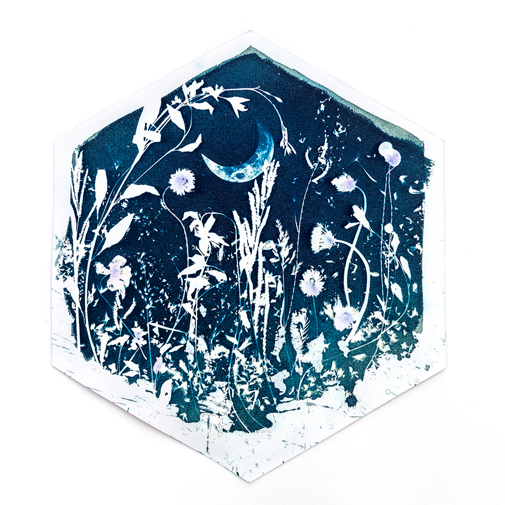 Hexagonal mixed-media print combining cyanotype sunprint with watercolour, ink and thread depicting nocturnal "Midnight Garden" scene of field of flowers and moonby artist Natalie Field