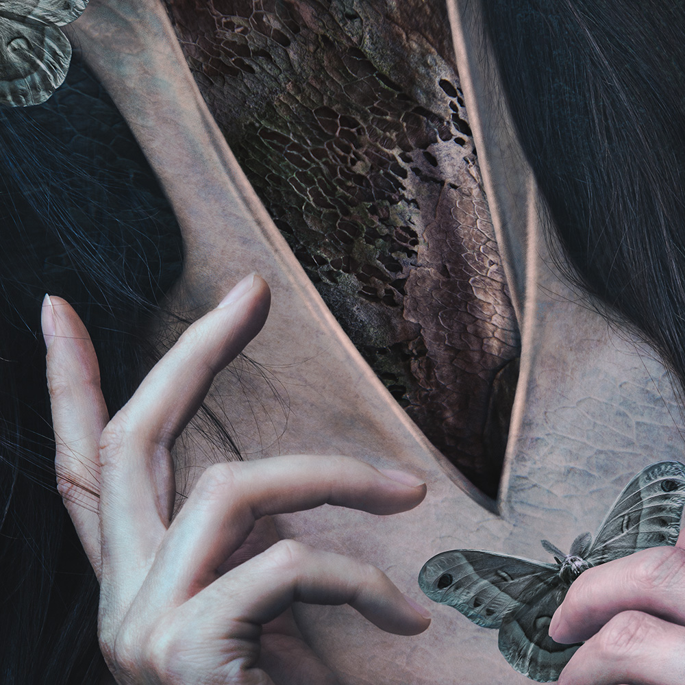 Self-portraiture of human body with nature pushing through from beneath the skin created by digital artist and bio surrealist Natalie Field