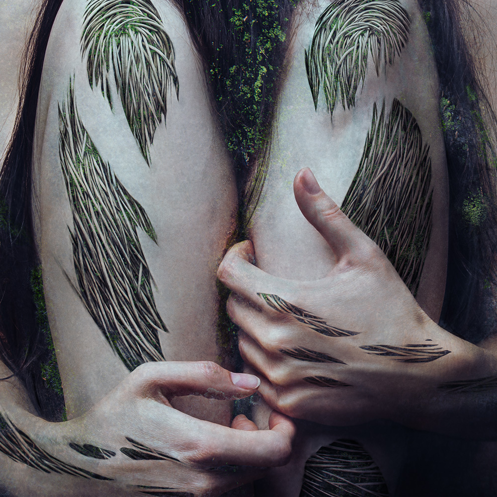 Self-portraiture of human body with nature pushing through from beneath the skin created by digital artist and bio surrealist Natalie Field