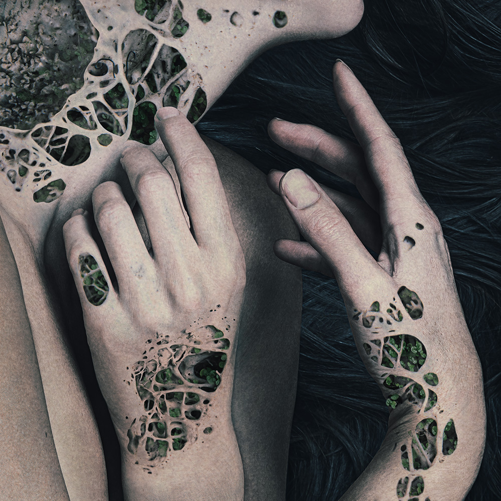 Self-portraiture of human body with nature pushing through from beneath the skin created by digital artist and bio surrealist Natalie Field