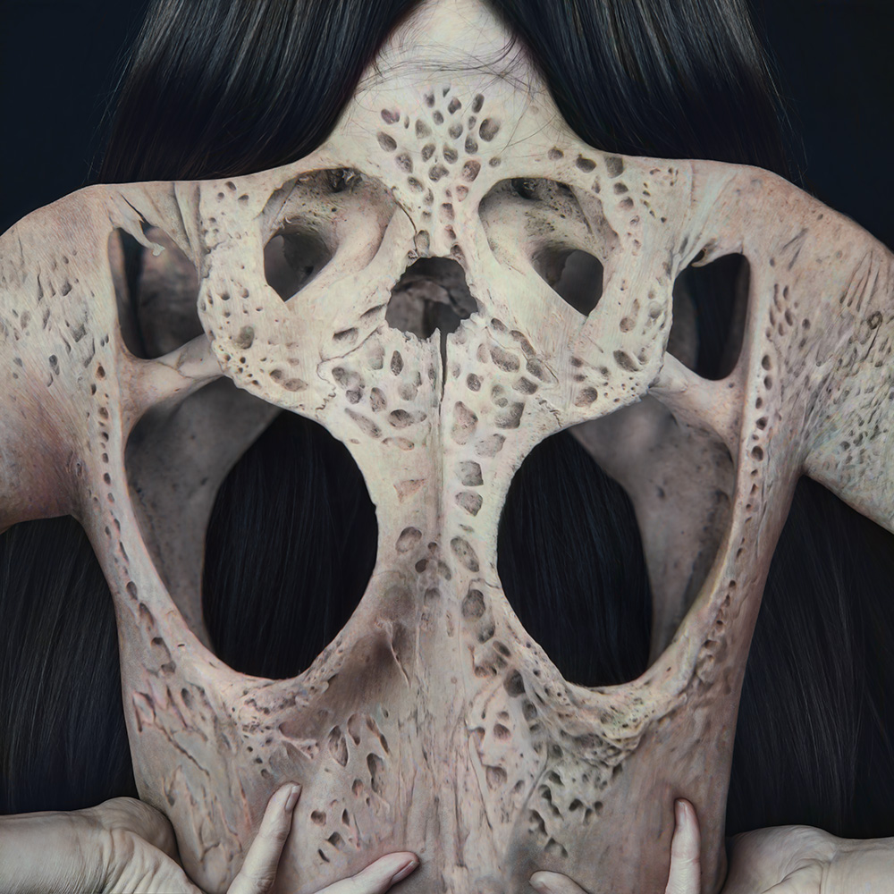 Self-portraiture of human body with nature pushing through from beneath the skin created by digital artist and bio surrealist Natalie Field